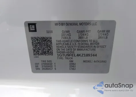 2019 GMC Sierra 1500 Denali z USA, uszkodzony, nr VIN 1GTU9FEL4KZ189344